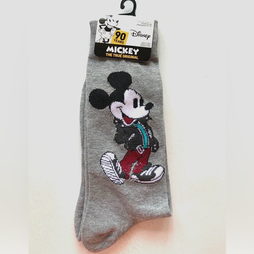 DISNEY Crew Socks MICKEY MOUSE Cool Motorcycle Jacket Sneakers Grey 6-12 NWT